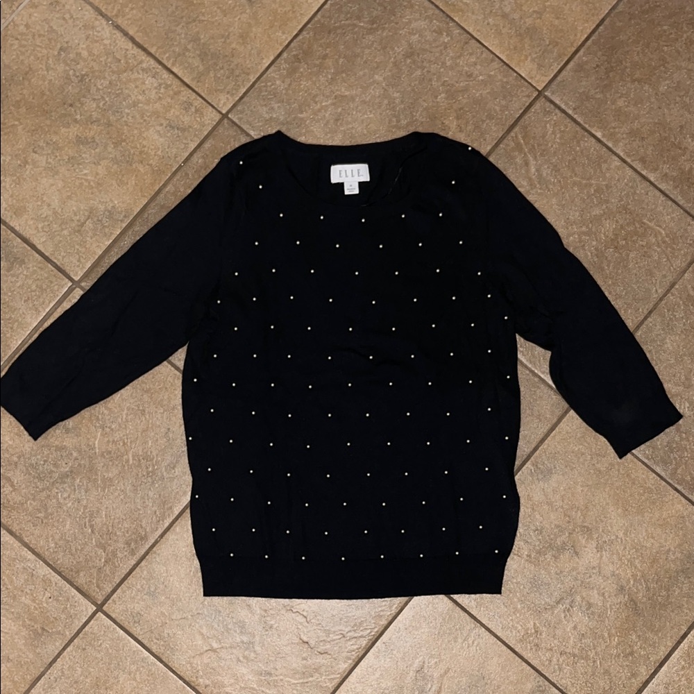 Elle Black Pearl Embellished 3/4 Sleeve Sweater Size Medium